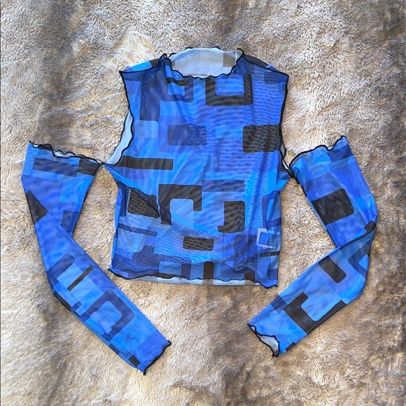 Blue & Black Geometric Mesh Crop Top 🌀 NWOT - Picture 1 of 5